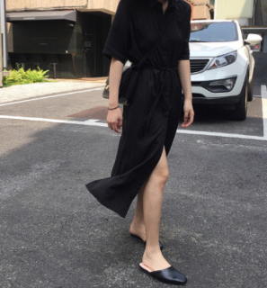 夏装新款韩国港风翻领收腰系带衬衫连衣裙复古开叉显瘦衬衣式长裙