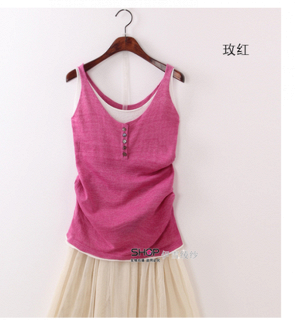 亚麻针织假两件纯色百搭无袖吊带上衣宽松打底外穿女棉麻针织背心