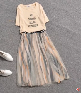 欧洲站2017春装新款欧货潮字母短袖t恤网纱半身裙两件套连衣裙女