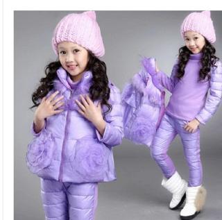 2016秋冬季新款加绒女童装棉衣套装加厚时尚毛领三件套