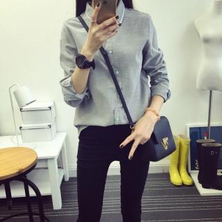 新款2015秋裝韓版時尚休閒女裝翻領雙向鈕釦百搭文藝修身長袖襯衫