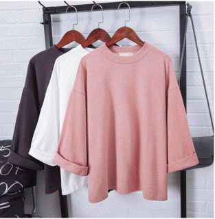 春装新款宽松显瘦简约纯色半袖T恤女韩版五分袖上衣学生打底衫夏
