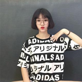 夏季原宿風印花大碼女裝 短袖t恤女生上衣服橫條紋情侶同款閨蜜裝