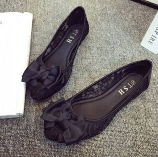 2016新款夏季蕾丝平跟单鞋浅口蝴蝶结黑色平底鞋欧美休闲女鞋子OL